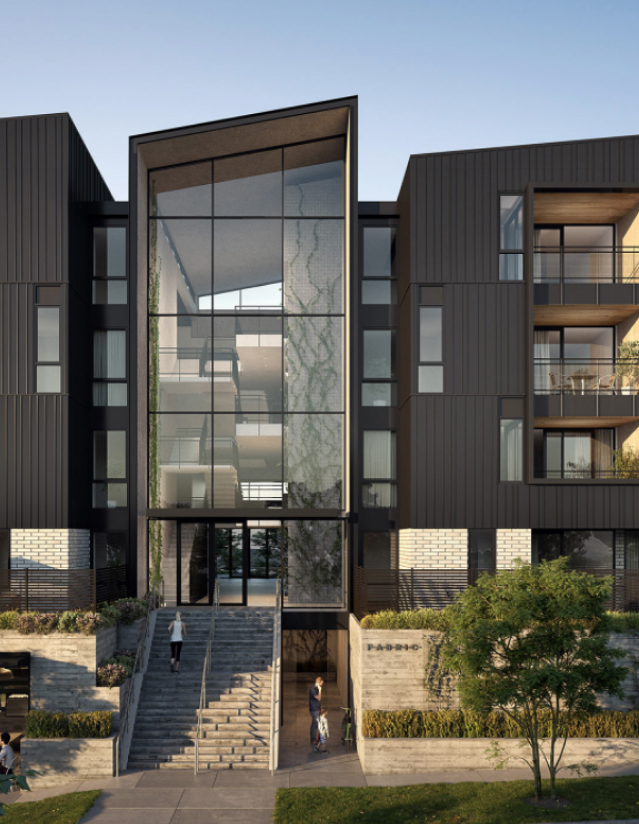 A photo of a patio overlooking lush landscaping, with text at the bottom reading "Baycliff Apartments, CA | 2005".